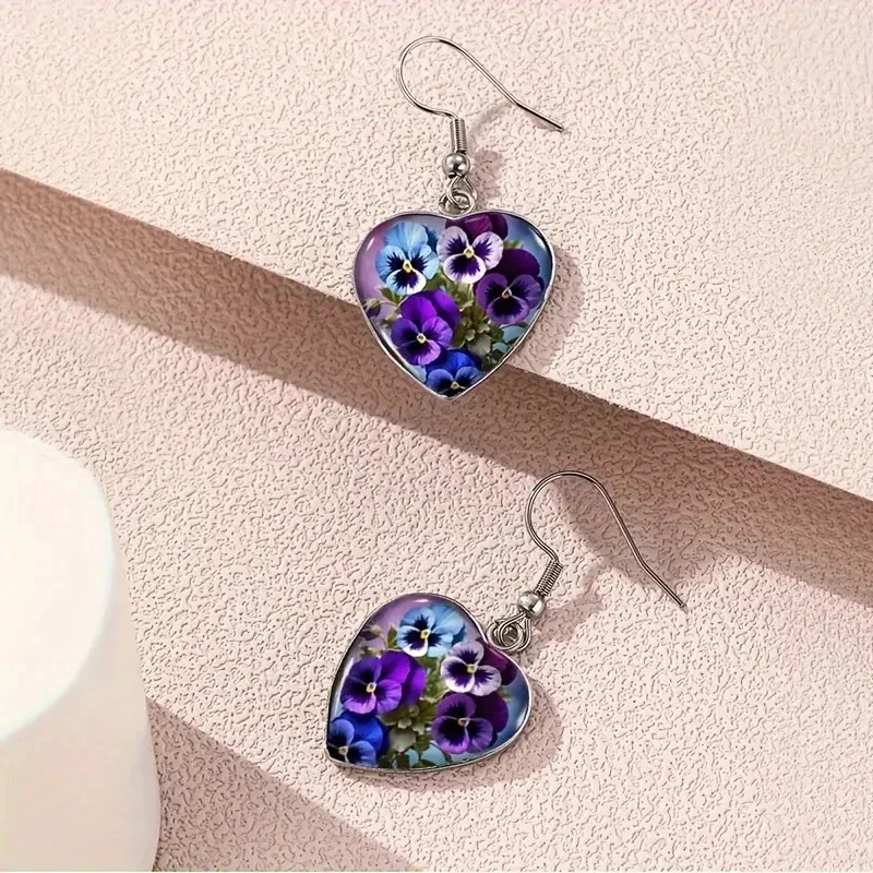 Pendientes Boho Vintage Diseño Flor Pensamiento en Forma de Corazón Mujeres Niñas Moda Regalo Foto 4 de 4