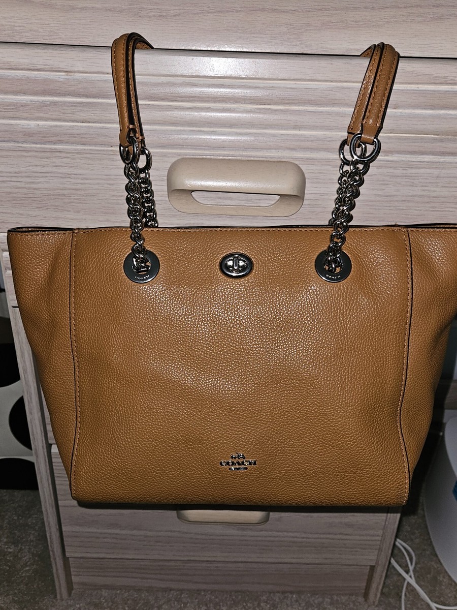 COACH NY 57107 TURNLOCK SILVER CHAIN LEATHER YELLOW ORANGE