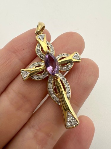 14k gold plated natural amethyst clear cz cross Pendant - Picture 2 of 6