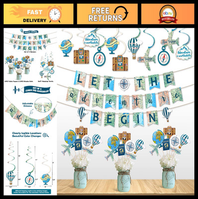 52pcs Travel Party Decorations - Adventure Begins Banner, Hanging Swirls, Table