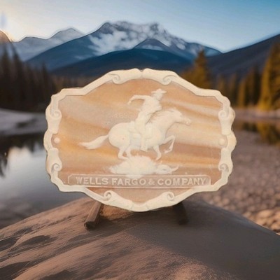 Vintage 70s Wells Fargo Pony Express Incolay Stone Western Cowboy Belt Buckle 