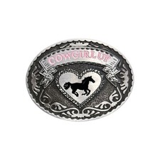 Cowgirl Up Western Horse Belt Buckle Pink Silver Tone Oval 4" x 3" New