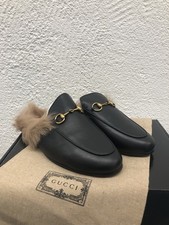 GUCCI Princetown EU 38 US 8 E213 Black Leather Fur Lined Loafer Mule HorseBit