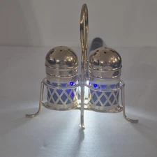 Vintage Gold Colored Domed Salt & Pepper Shakers W Blue Glass Inserts Small
