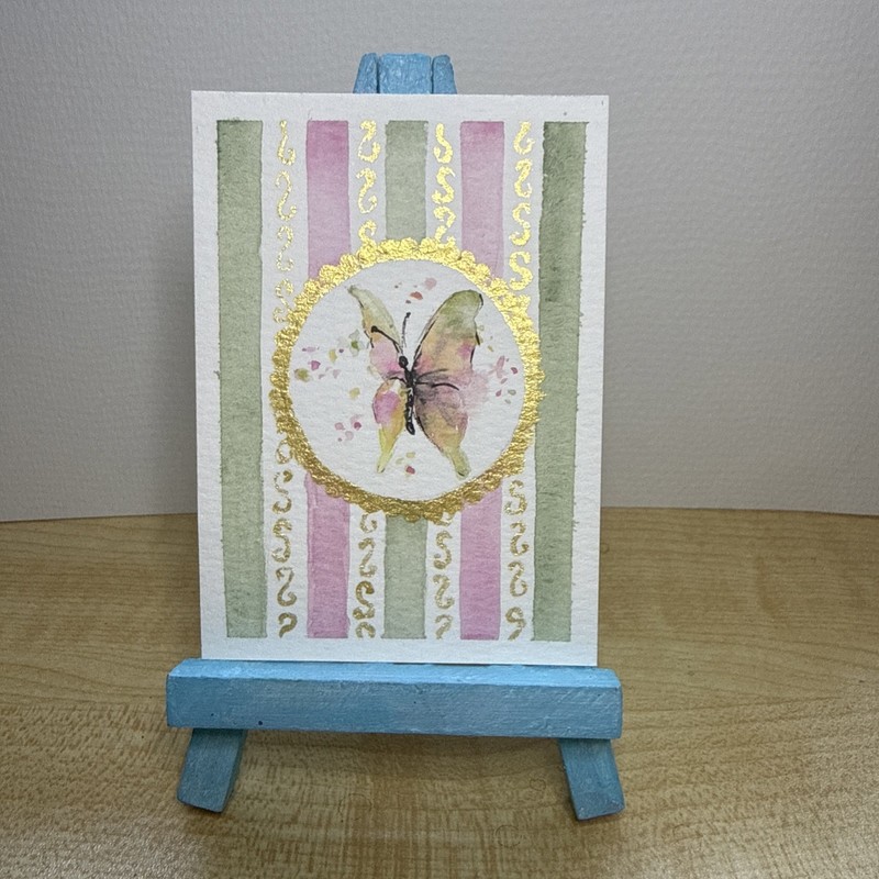 ACEO Watercolor Pink Green Butterfly by Riane/RianeArt