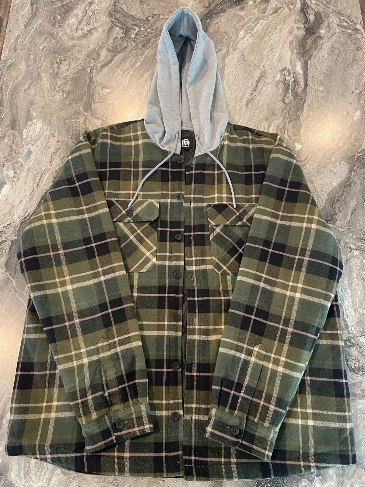 INTO THE AM Ridgeview Flannel Jacket Men’s Green Plaid Hooded Quilt Lining 2XL
