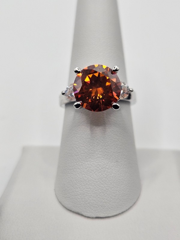 925 Sterling Silver (ORANGE) 3ctw Moissanite Three Stone Engagement Size 6