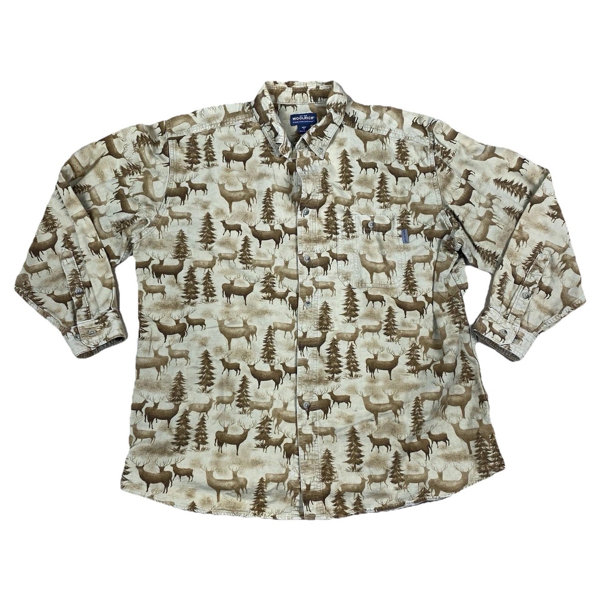 Woolrich Mens XL Deer Camp Nature Chamois Flannel Button Up Long