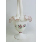 FENTON Rose Garden White Satin Ruffle Edge Basket Pink Roses Flowers 11" Signed