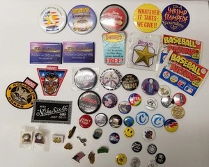 50 Collectible Lapel Pin Patch Lot Tin Plastic Small Medium Mixed Vtg Retro Pins