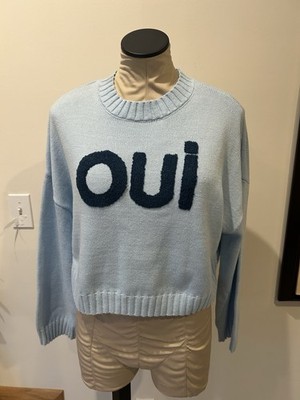 Sincerely Jules Oui Baby Blue Knit Sweater XS Cropped French Graphic Pullover