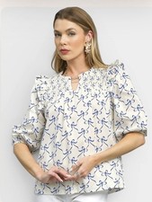 Umgee Womens White/Blue Bow Print Smocked Spl...