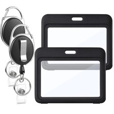 2 Pack Horizontal ID Badge Holder with Retractable Reel Metal Clip for Lanyard