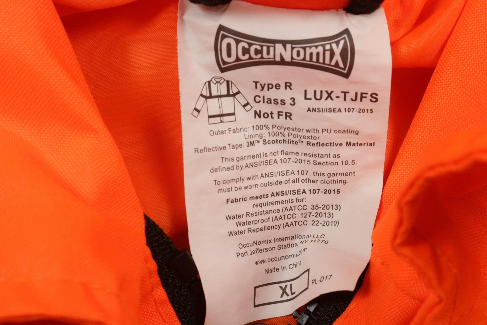 OccuNomix Coat Mens XL Orange Hi Vis Reflective Waterproof Rain Class 3 LUX-TJFS - product detail image 10
