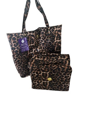 Joy Mangano Organizer Better Beauty Case  RFID Big Shopper Tote-(Leopard)