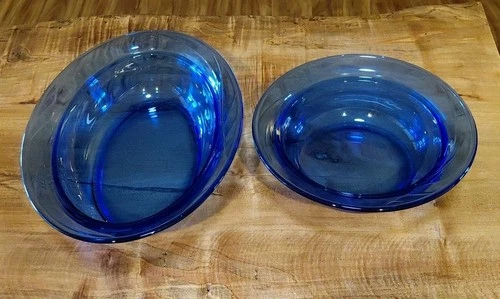 Vtg 2 Pyrex Cobalt Blue Glass Serving Dish Big Oval Round Bowl Serving