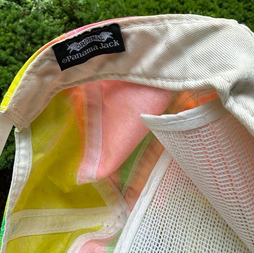 VTG 80s Panama Jack snapback hat with neon green, yellow, pink, and orange sail panels and black logo on front.