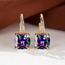 Fashion Women Vintage Golden Rainbow Shiny Crystal Square Hoop Earrings Gift New