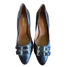 Nine West Black Leather Wedge Pumps Gold Buckle Accents Shoes Heels Size 8.5 M