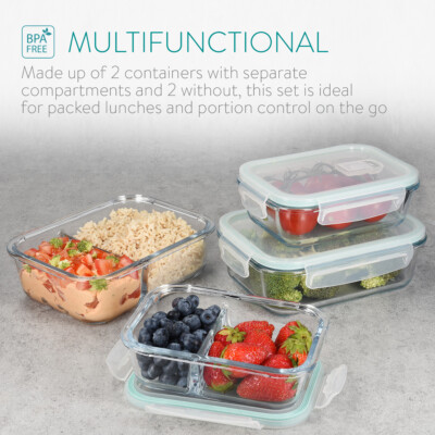 Set Di 4 Contenitori Per La Preparazione Dei Pasti, 3 Scomparti Contenitori Per Alimenti Con Coperchio Per Scuola Lavoro E Viaggi 99015939
