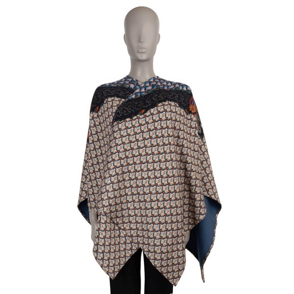 72154 Auth ETRO Blue & Beige Wool 2023 FLORALIA TWILL CAPE Jacket One Size