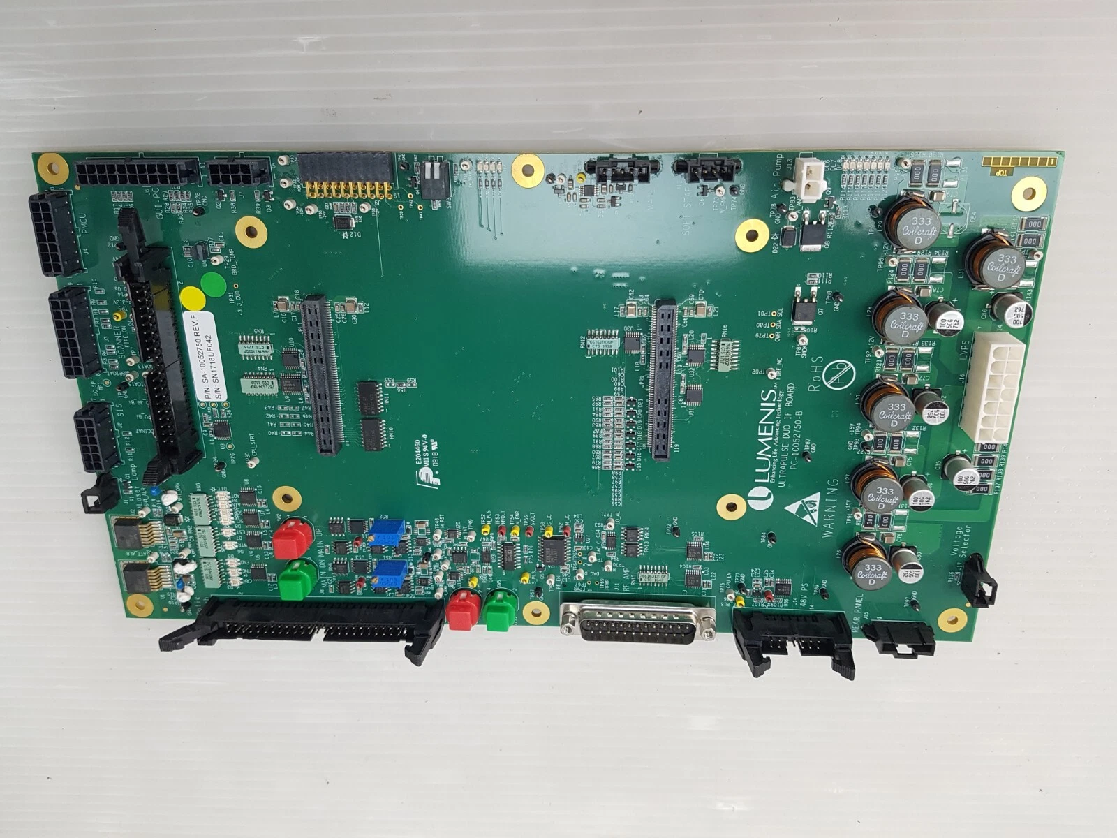 UltraPulse DUO IF board at an angle, showing the DB-25 connector and push buttons