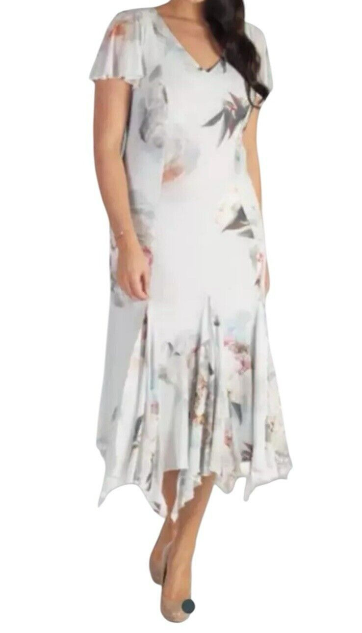 Vestido para mujer Chesca Aqua floral estampado de peonía Godet cuello en V ~ 1 Reino Unido 12 14 PVP £195