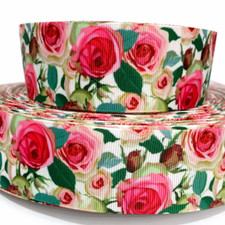 GROSGRAIN RIBBON 5/8", 7/8",1.5", 3" Flowers Roses Mother's Day Pink Printed