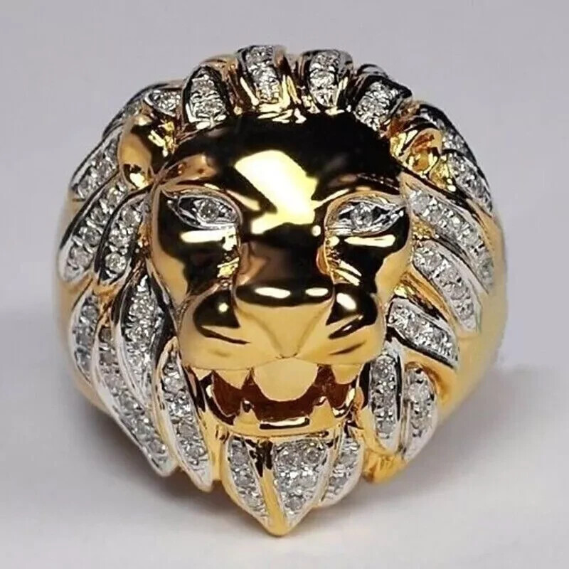 Real Moissanite 1Ct Round Cut Men's Lion Head Pinky Ring 14K Yellow