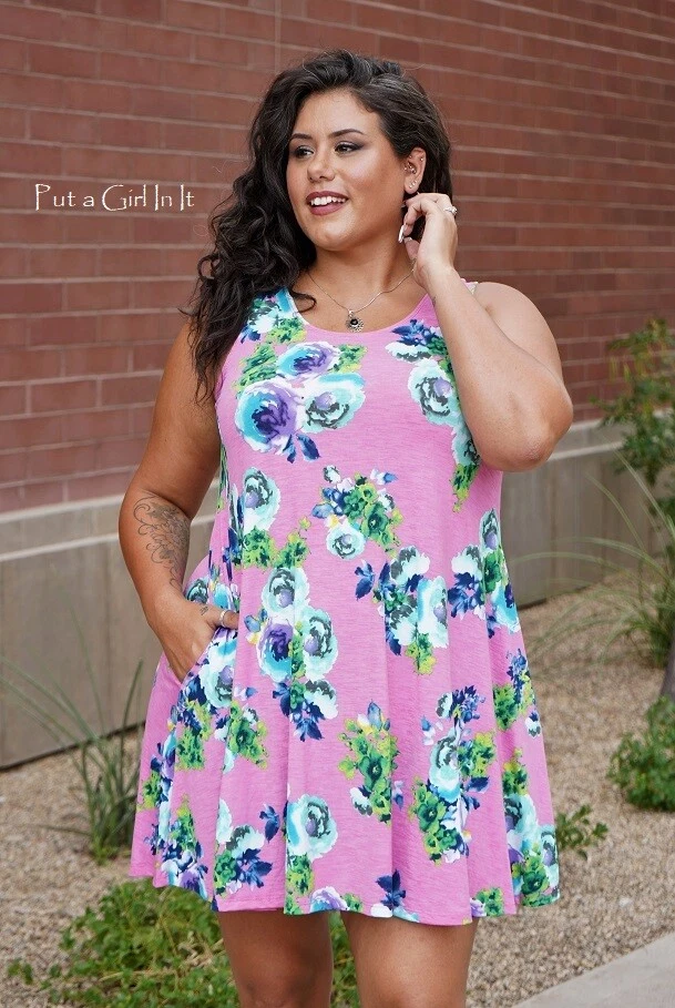 New PLUS SIZE Womens PINK FLORAL BOHO SLEEVELESS TANK DRESS POCKETS 1X 2X 3X