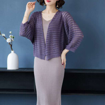 Women Hollow Knitted Cardigan 3/4 Sleeve Jacket Open Coat Shawl Sun Proof Casual