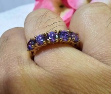 925 Sterling gold plated ring 5 amethyst/ purple color stones Sz 8"