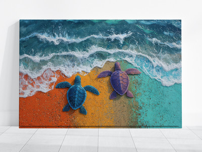 Colorful Turtle Art, Sea Turtles Ocean Painting, Rainbow Seaside Beach Waves