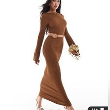 🆕NWT ASOS DESIGN Slash Neck Long Sleeve With Waist Cutout and Trim Detail Dress