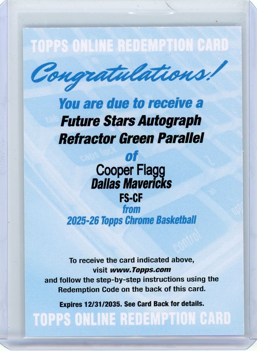 2025-26 Topps Chrome Cooper Flagg Rookie Future Stars Green Redemption Auto /99