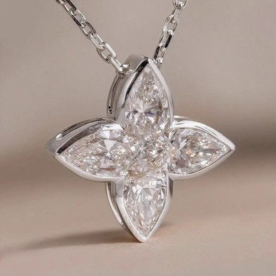 2.1CT Pear Flower Moissanite Pendant Necklace Bezel Set 925 Sterling Silver WG