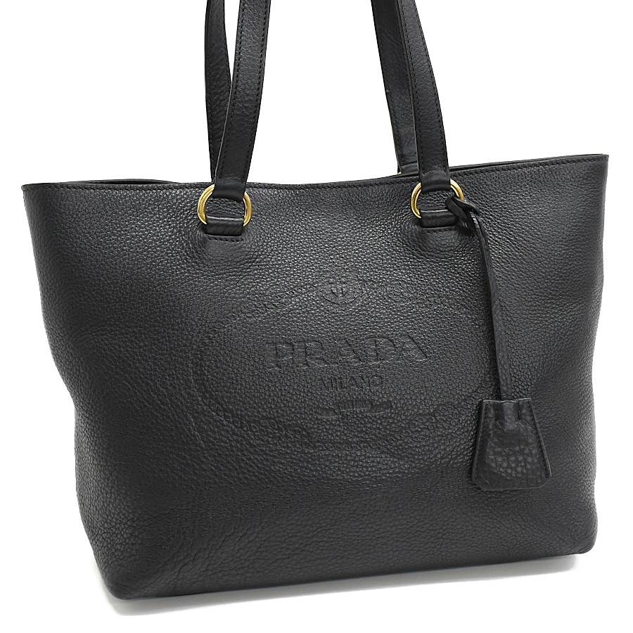PRADA Embossed Logo Shoulder Tote Bag Navy Blue Leather Gold-tone HW T01T