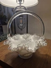Vintage Fenton Spanish Lace White Milk Glass Silver Crest Basket Ruffled Edge 8"