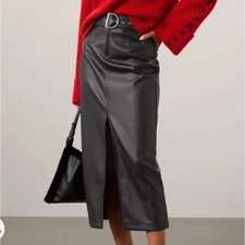 Ashley Park Black Faux Leather Maxi Skirt Size 8 Belt Slit Pencil Designer $225