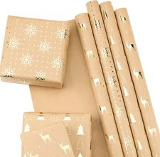 Christmas Wrapping Paper Sheets Kraft Paper,Gold Foil,17.5X30 Inches Each Sheet