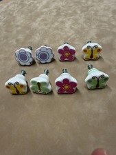 Lot of 8 Ceramic Drawer Pulls Cabinet Knobs Flowers  Butterflies EUC