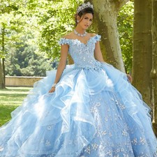 Sky Blue Quinceanera Dresses Off Shoulder Ruffles Lace 3D Flower Prom Ball Gowns