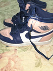 Zapatillas deportivas Nike Air Jordan 1 para hombre de caña alta rosa/azul marino/blanco con cordones