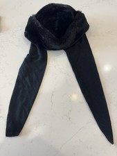 Vintage Black Faux Fur Pillbox Hat Insulated Fall Winter Scarf Attached