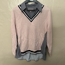 Laurie Felt Medium Mix Media Collared V Neck Sweater Front Back Stripes Pink