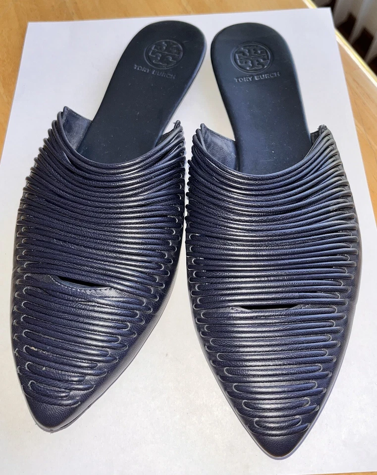 Sandalias Tory Burch Sienna Tejidas Cuero Azul Marino Mules Slide Zapatos Talla 6M Foto 2 de 4