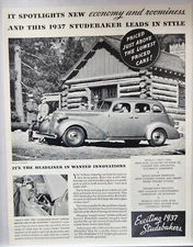 1937 Studabaker Ranger Log Cabin Vintage Print Ad Man Cave Poster Art 30's