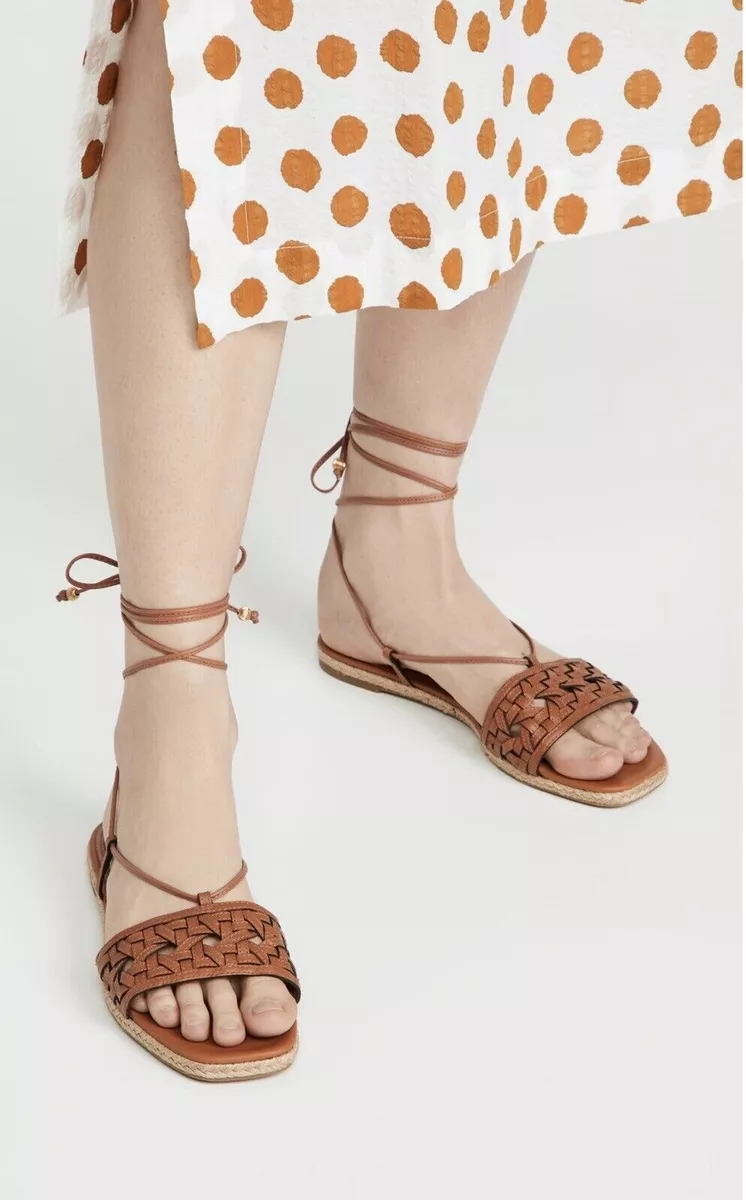 Tory Burch Basketweave Lace Up Espadrille Sandal Aged Camello Size 7.5 EUC