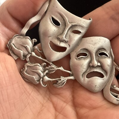 JJ Signed Theatre Brooch Drama Comedy Tragedy Masks Roses Pewter Vtg ...