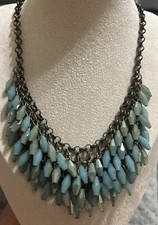 Vintage Metal Fringe Tassel Bib Statement Necklace, Layered Blue Beads